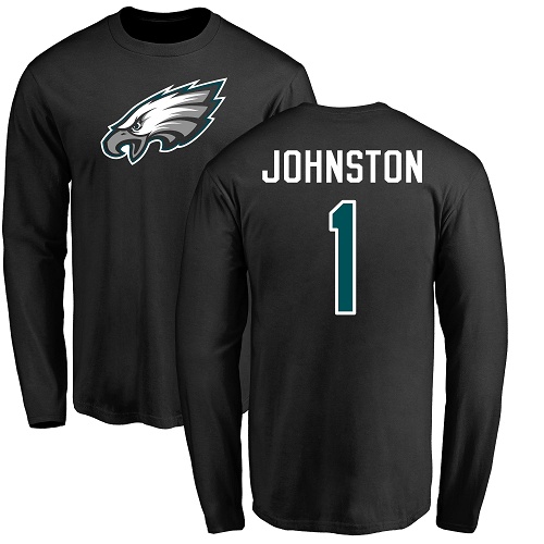 Men Philadelphia Eagles #1 Cameron Johnston Black Name and Number Logo Long Sleeve NFL T Shirt->philadelphia eagles->NFL Jersey